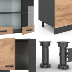 Vicco Cuisine Chêne doré/anthracite 300cm avec armoire haute, PT Marbre