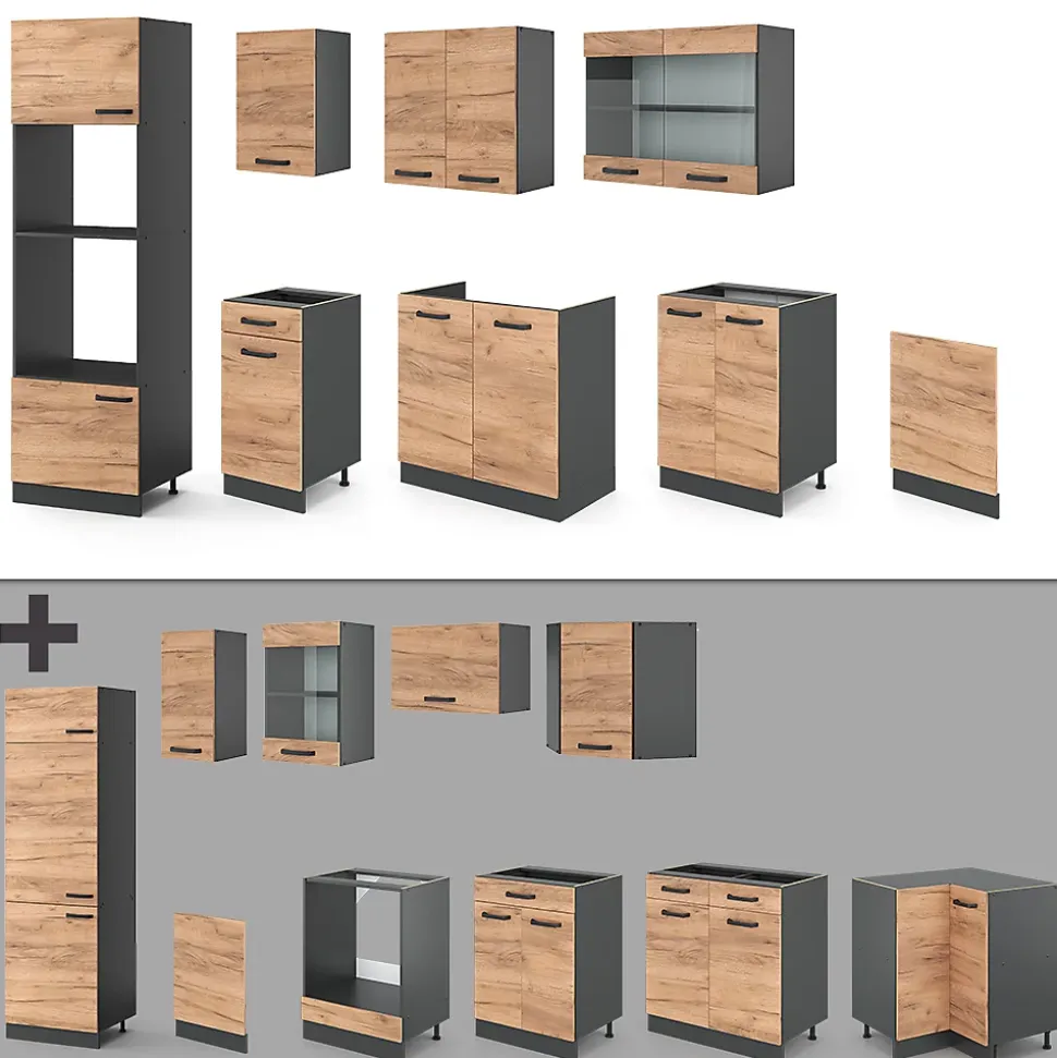 Vicco Cuisine Chêne doré/anthracite 300cm avec armoire haute, PT Marbre