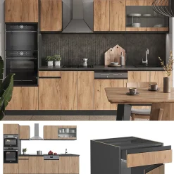 Vicco Cuisine Chêne doré/anthracite 300cm avec armoire haute, PT Anthracite