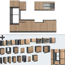 Vicco Cuisine Chêne doré/anthracite 300cm avec armoire haute, PT Anthracite