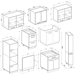 Vicco Cuisine Chêne doré/anthracite 350cm J-Shape, avec armoire haute, sans PT