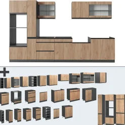 Vicco Cuisine Chêne doré/anthracite 350cm J-Shape, avec armoire haute, sans PT