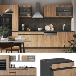 Vicco Cuisine Chêne doré/anthracite 350cm J-Shape, avec armoire haute, sans PT