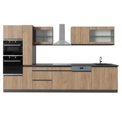 Vicco Cuisine Chêne doré/anthracite 350cm J-Shape, avec armoire haute, sans PT