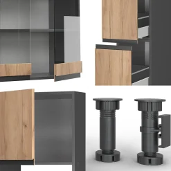 Vicco Cuisine Chêne doré/anthracite 350cm J-Shape, avec armoire haute, sans PT