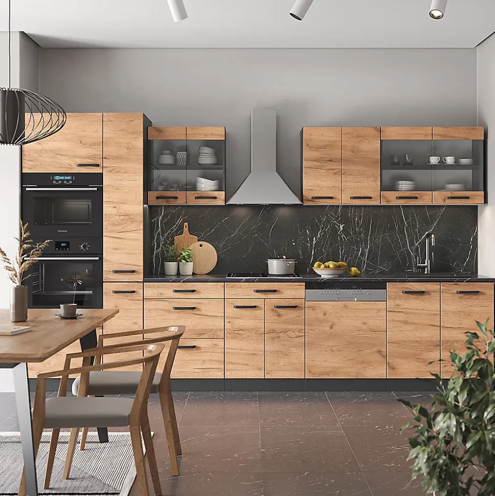 Vicco Cuisine Chêne doré/anthracite 350cm avec armoire haute, sans PT