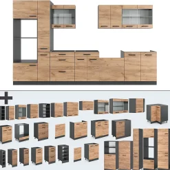 Vicco Cuisine Chêne doré/anthracite 350cm avec armoire haute, sans PT