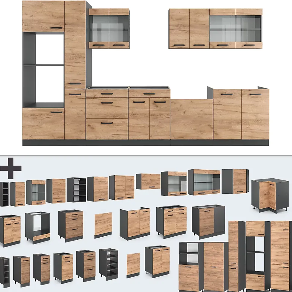 Vicco Cuisine Chêne doré/anthracite 350cm avec armoire haute, sans PT