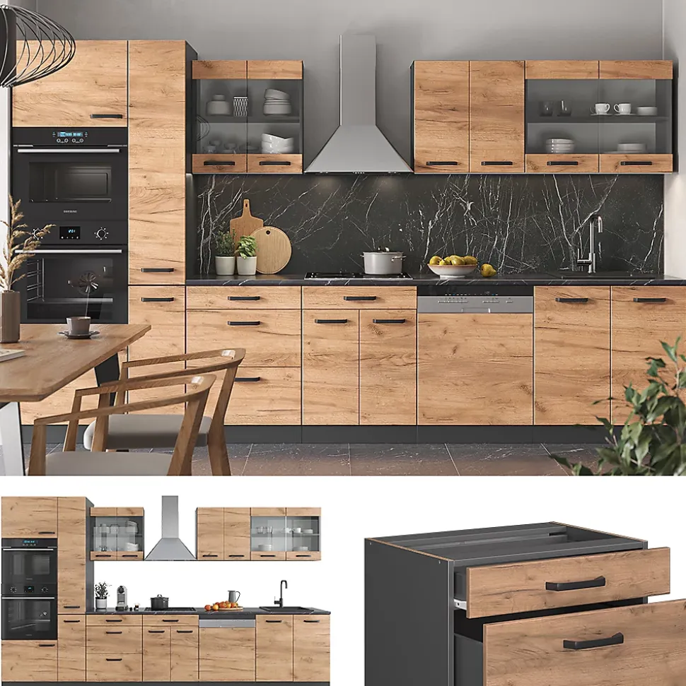 Vicco Cuisine Chêne doré/anthracite 350cm avec armoire haute, sans PT