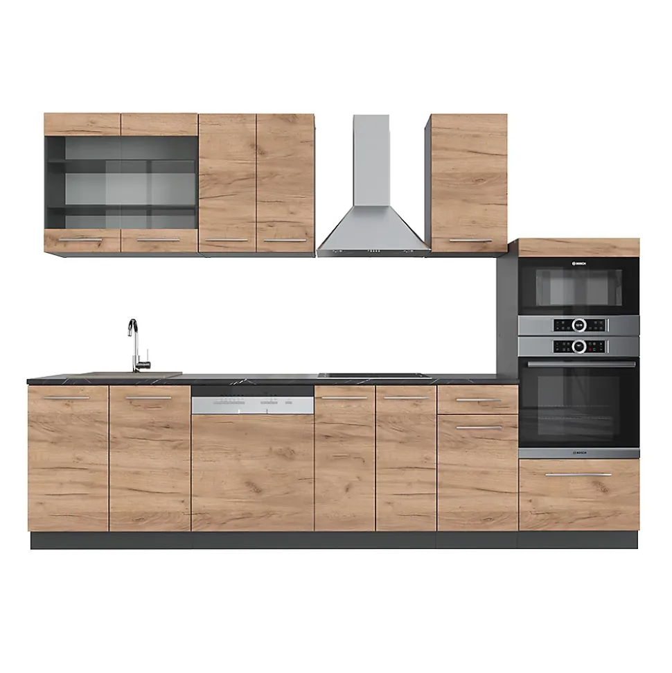 Vicco Cuisine Chêne doré/anthracite 300cm avec armoire haute, PT Anthracite