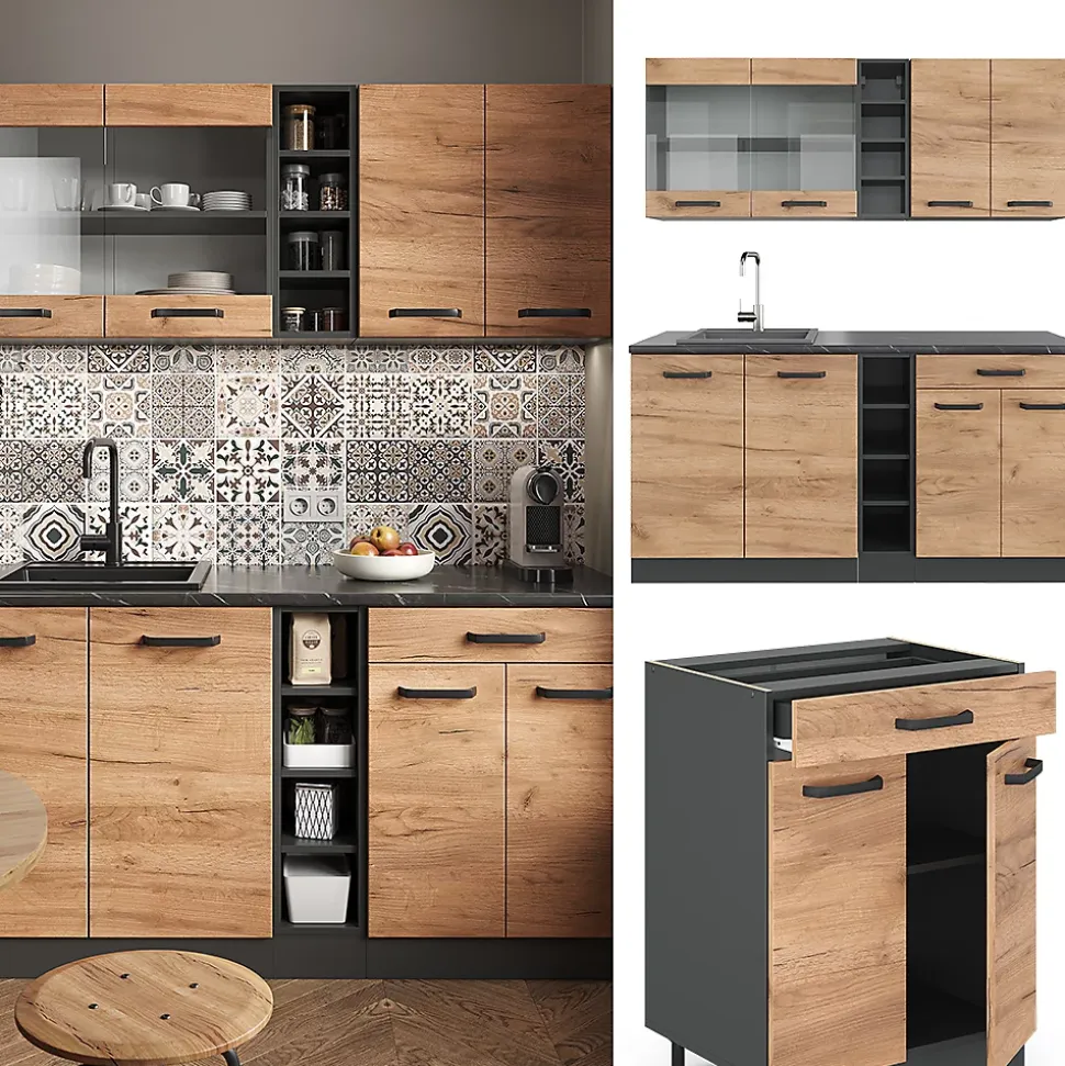 Vicco Cuisine Chêne doré/anthracite 160cm sans PT