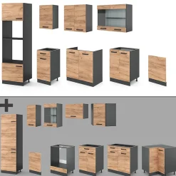 Vicco Cuisine Chêne doré/anthracite 300cm avec armoire haute, PT Anthracite