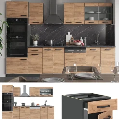 Vicco Cuisine Chêne doré/anthracite 300cm avec armoire haute, PT Anthracite