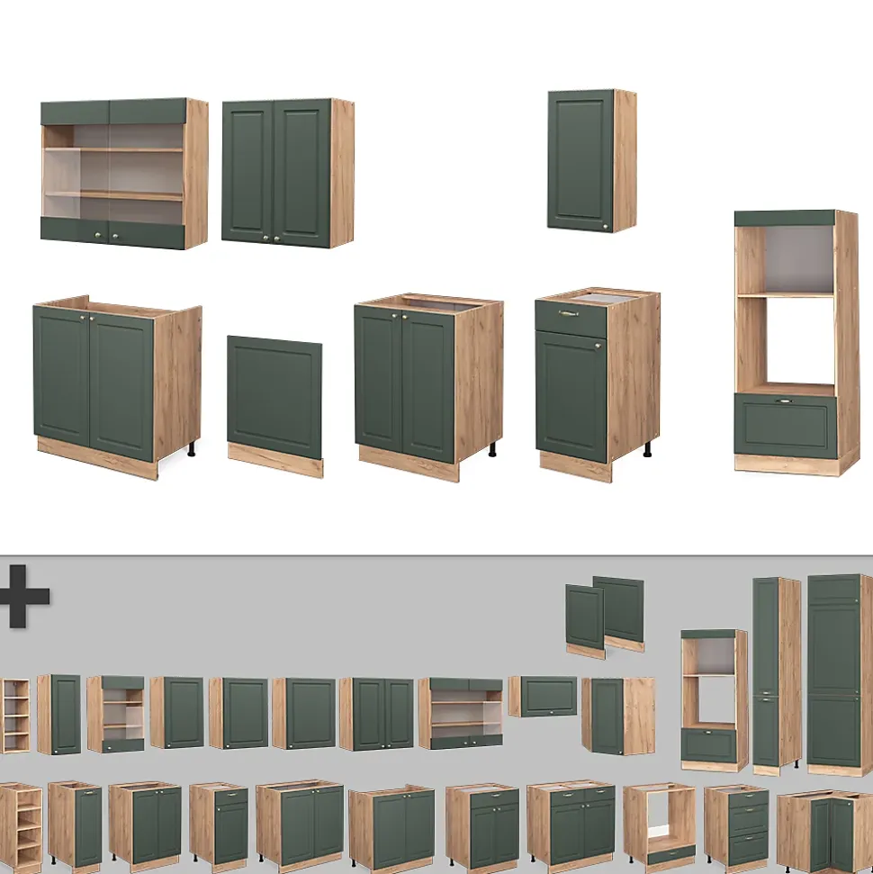 Vicco Cuisine Chêne vert et or/chêne doré 300cm avec armoire haute, sans PT
