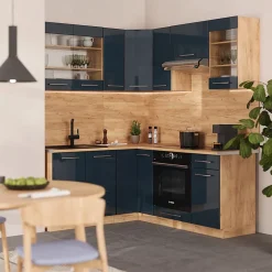 Vicco Cuisine dangle bleu foncé brillant/chêne doré 160x190cm , PT Anthracite