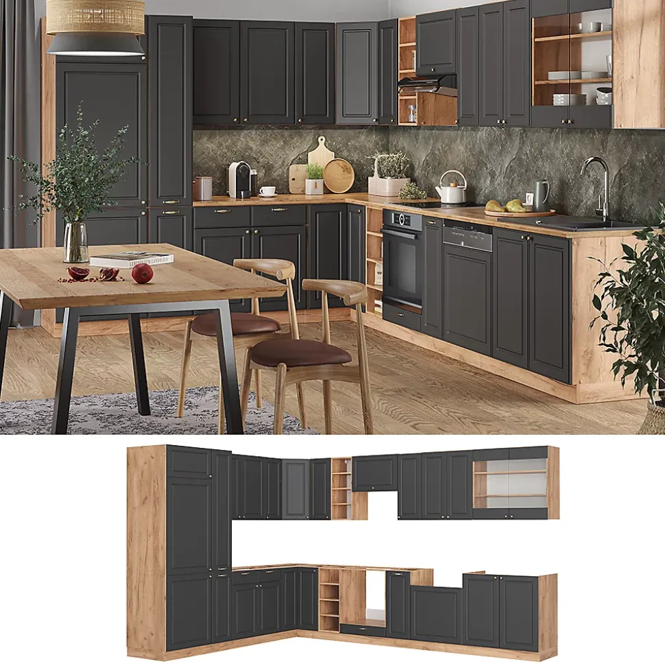 Vicco Cuisine en angle Anthracite Campagne/Chêne doré 347x257cm , PT Marbre