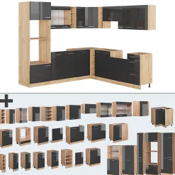 Vicco Cuisine en angle Anthracite brillant/Chêne doré 237x247cm , PT Chêne