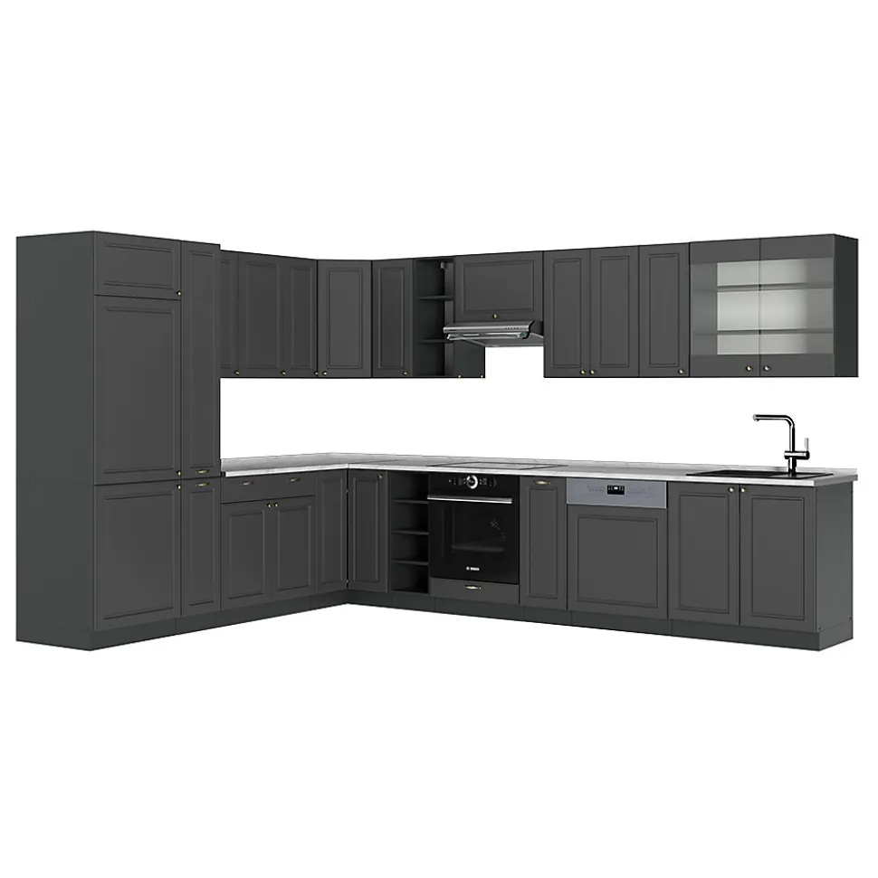 Vicco Cuisine en angle Anthrazit-Gold Landhaus 347x60cm , PT Marbre