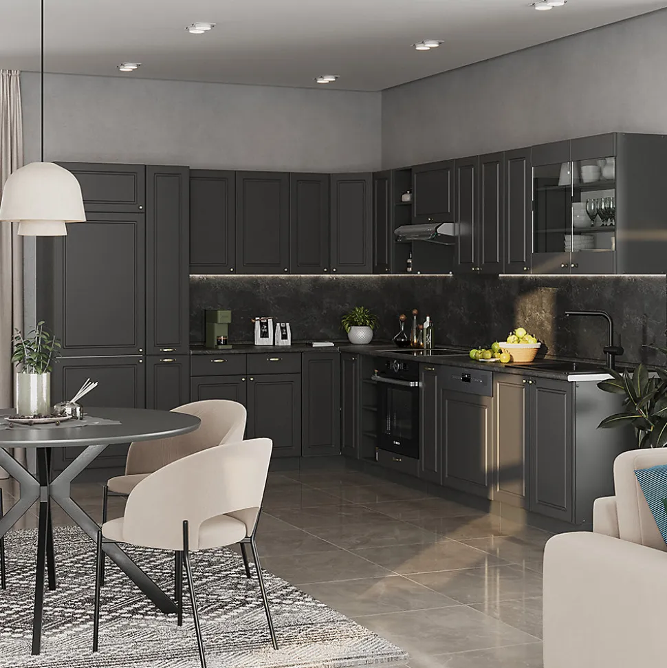 Vicco Cuisine en angle Anthrazit-Gold Landhaus 347x60cm , PT Marbre