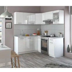 Vicco Cuisine en angle blanc/blanc brillant 187x167cm , PT Marbre