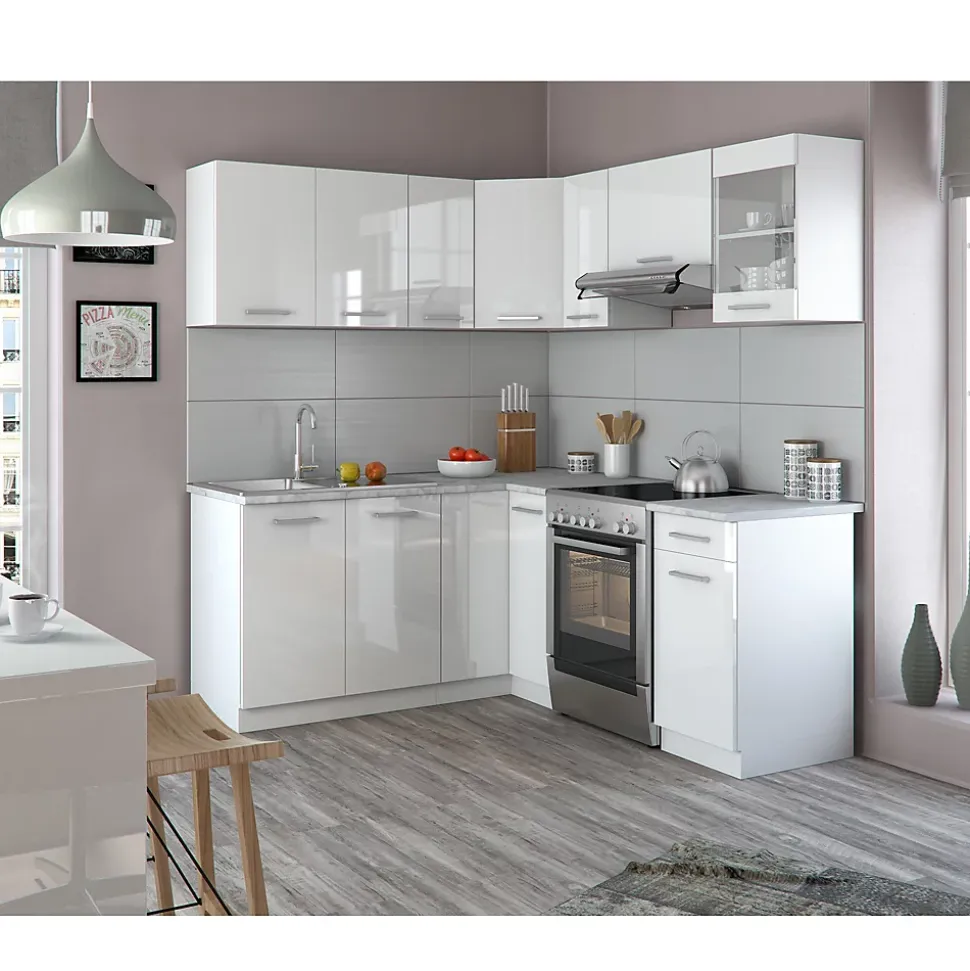 Vicco Cuisine en angle blanc/blanc brillant 187x167cm , PT Marbre