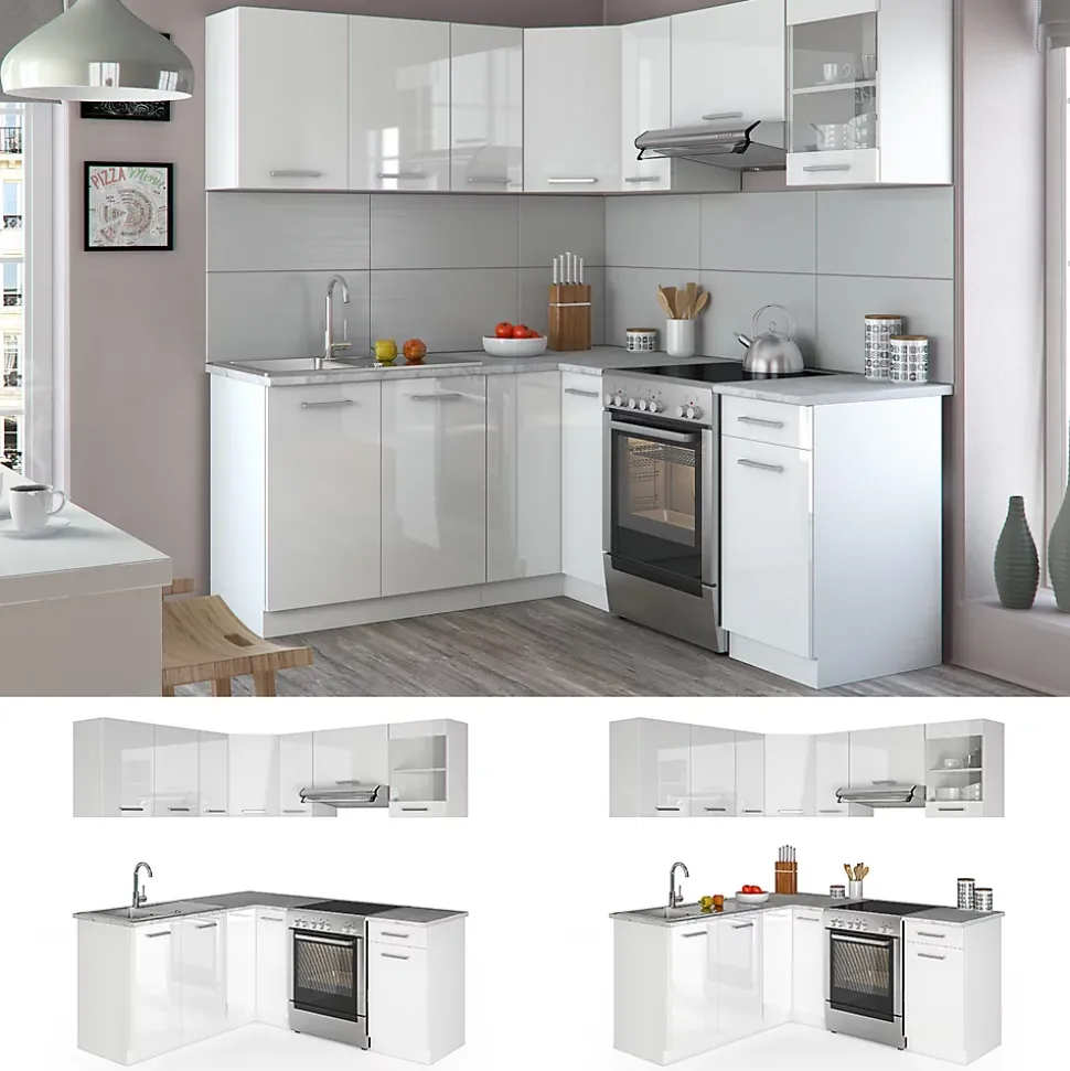 Vicco Cuisine en angle blanc/blanc brillant 187x167cm , PT Marbre