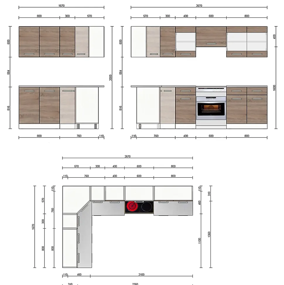 Vicco Cuisine en angle Blanc/Sonoma 267x167cm , PT Marbre