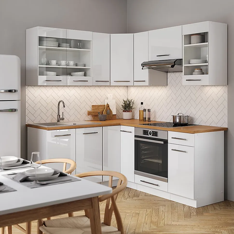 Vicco Cuisine en angle blanc brillant/blanc 160x190cm , PT Chêne