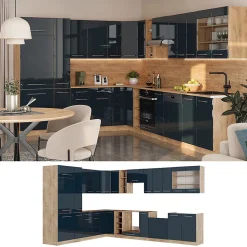 Vicco Cuisine en angle bleu foncé brillant/chêne doré 257x60cm , PT Marbre