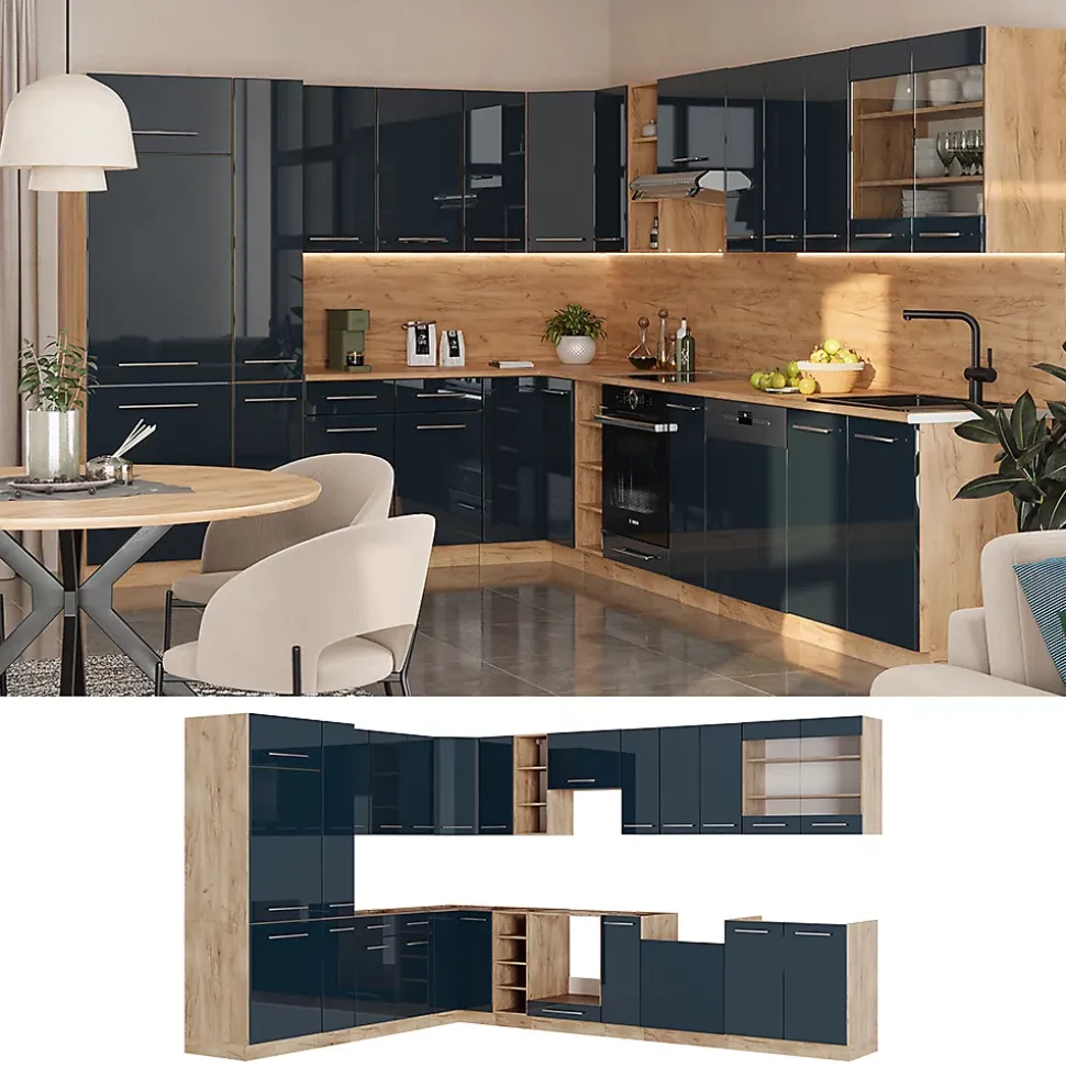 Vicco Cuisine en angle bleu foncé brillant/chêne doré 257x60cm , PT Marbre