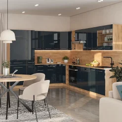 Vicco Cuisine en angle bleu foncé brillant/chêne doré 257x60cm , PT Marbre