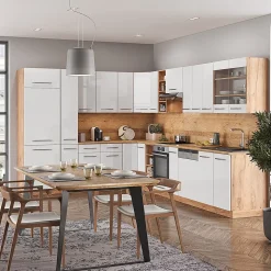 Vicco Cuisine en angle Blanc brillant/Chêne doré 347x257cm sans PT