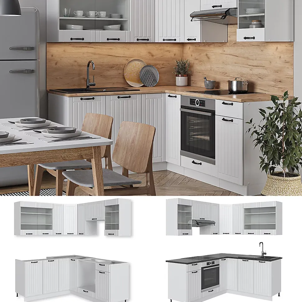 Vicco Cuisine en angle Blanc campagne/blanc 160x190cm , PT Chêne