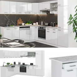 Vicco Cuisine en angle blanc brillant/blanc 227x287cm , PT Chêne