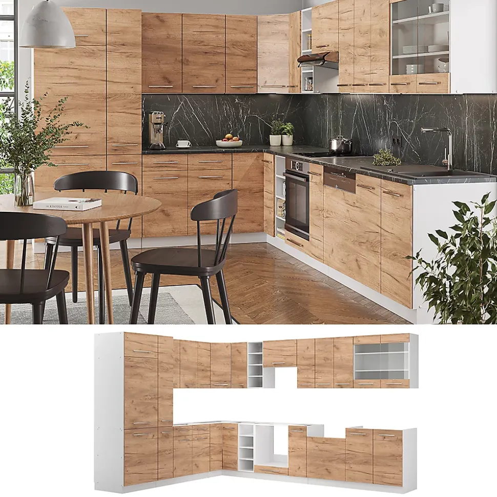 Vicco Cuisine en angle Chêne doré/blanc 347x257cm sans PT