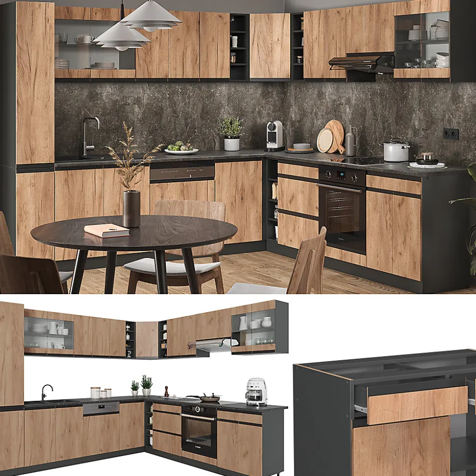 Vicco Cuisine en angle Chêne doré/anthracite 257x277cm J-Shape, PT Chêne