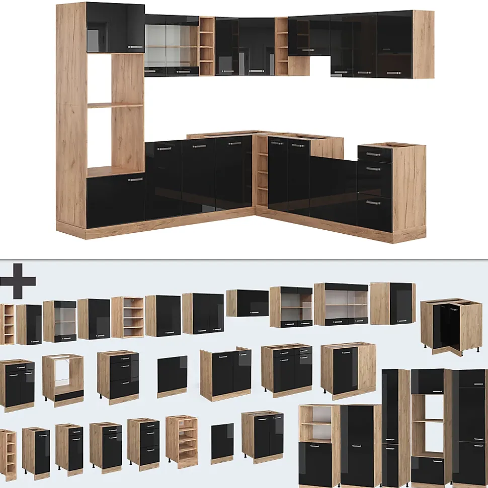 Vicco Cuisine en angle Noir brillant/Chêne doré 237x247cm , PT Chêne
