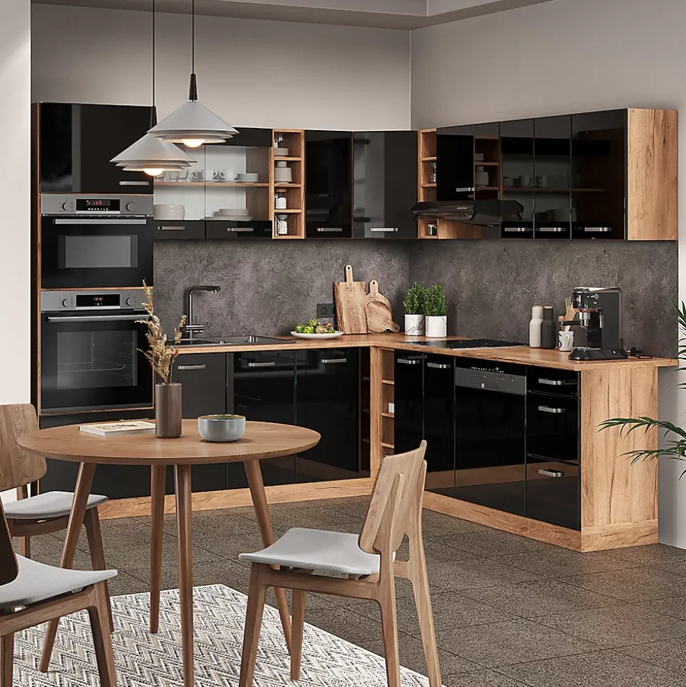 Vicco Cuisine en angle Noir brillant/Chêne doré 237x247cm , PT Chêne