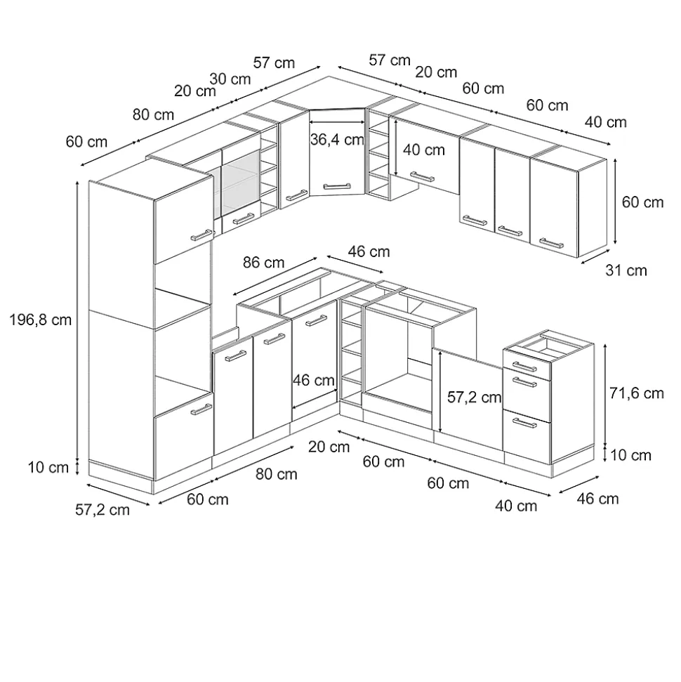 Vicco Cuisine en angle Noir brillant/Chêne doré 237x247cm , PT Chêne