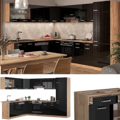 Vicco Cuisine en angle Noir brillant/Chêne doré 227x287cm sans PT