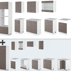 Vicco Cuisine gris noble/blanc 300cm avec armoire haute, sans PT