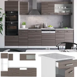 Vicco Cuisine gris noble/blanc 300cm avec armoire haute, sans PT