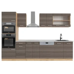 Vicco Cuisine gris noble/chêne doré 300cm avec armoire haute, PT Marbre