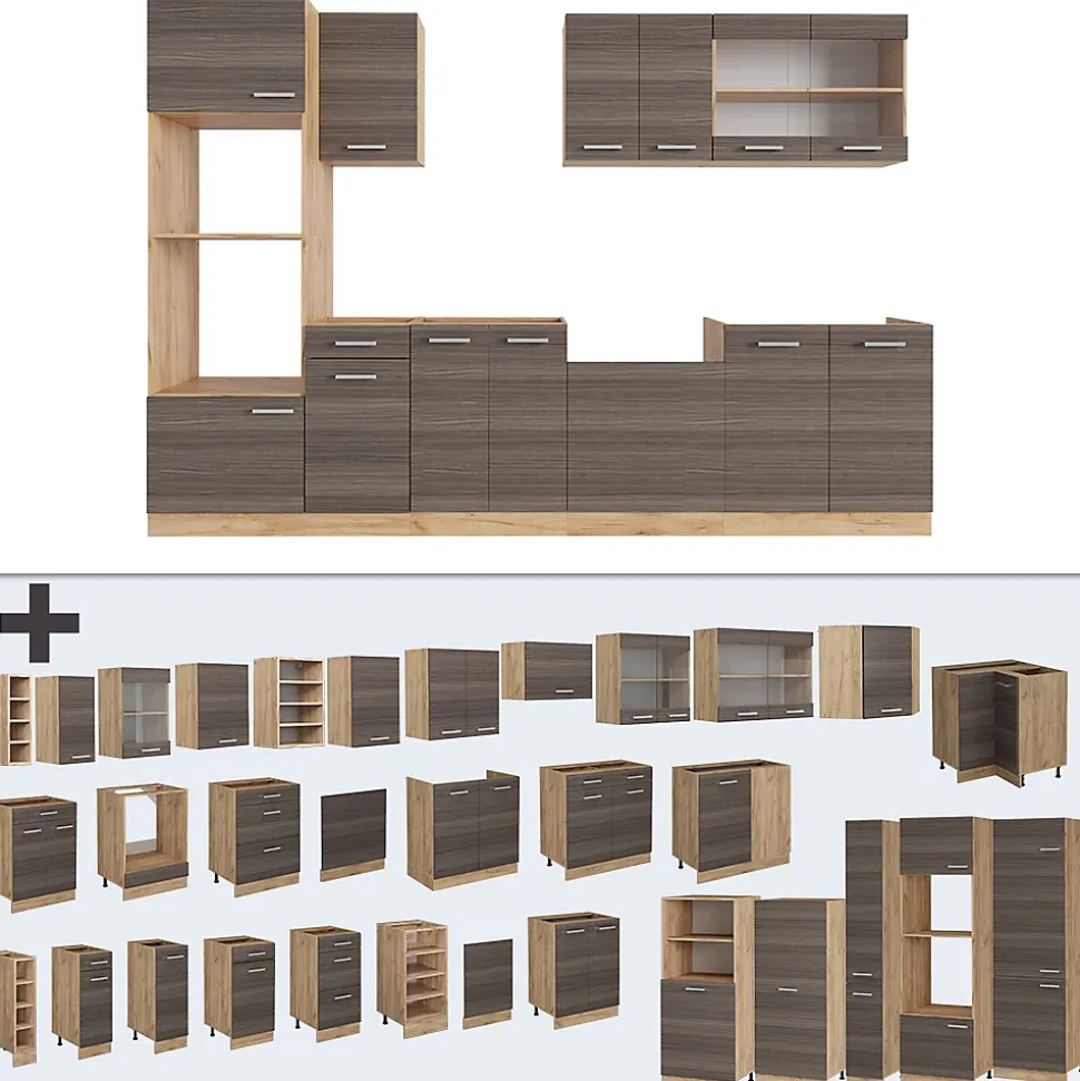 Vicco Cuisine gris noble/chêne doré 300cm avec armoire haute, PT Marbre