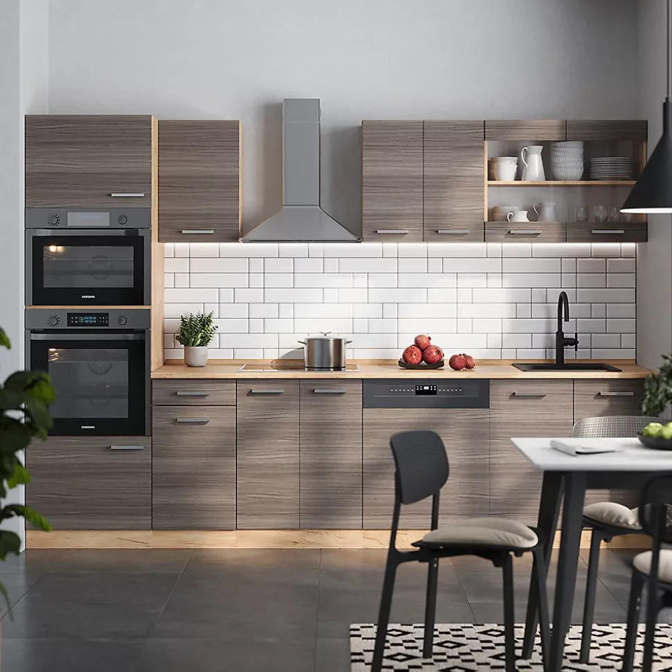 Vicco Cuisine gris noble/chêne doré 300cm avec armoire haute, PT Marbre