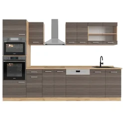 Vicco Cuisine gris noble/chêne doré 300cm avec armoire haute, sans PT