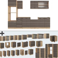 Vicco Cuisine gris noble/chêne doré 300cm avec armoire haute, sans PT