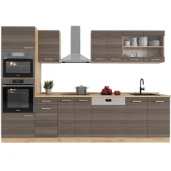 Vicco Cuisine gris noble/chêne doré 300cm avec armoire haute, sans PT