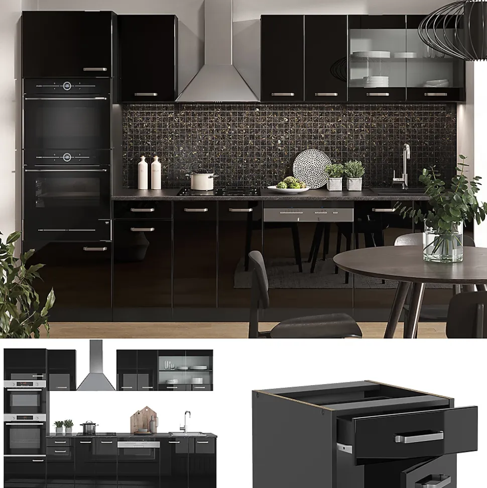 Vicco Cuisine Noir brillant/Anthracite 300cm avec armoire haute, PT Anthracite