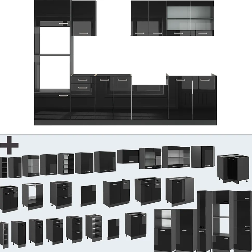 Vicco Cuisine Noir brillant/Anthracite 300cm avec armoire haute, PT Anthracite